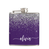 Paarse Silver Glitter Girly Monogram Naam Heupfles (Voorkant)