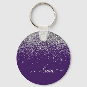 Paarse Silver Glitter Girly Monogram Naam Sleutelhanger