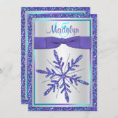 Paarse Silver Glitter Snowflake Quinceanera Invite Kaart (Voorkant / Achterkant)