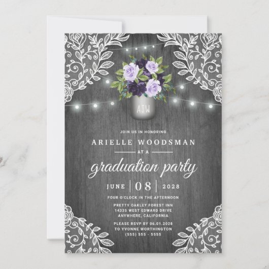 Paarse Silver Gray Floral Rustic Graduc Party Kaart (Voorkant)