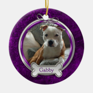 Paarse Silver Ribbon Pet Foto Kerstmis Keramisch Ornament