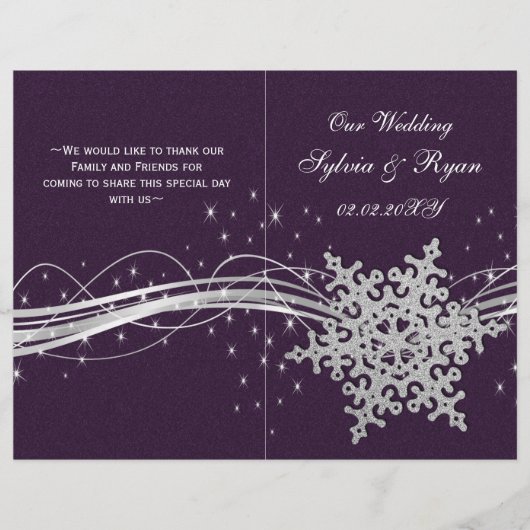 paarse Silver Snowflakes trouwprogramma's gevouwen (Voorkant)