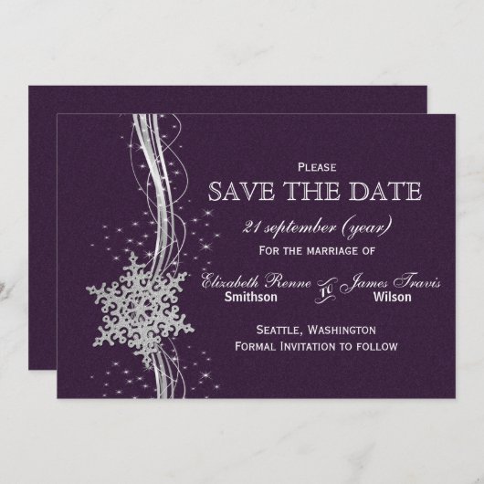 paarse Silver Snowflakes Winter behalve de datum Save The Date (Voorkant / Achterkant)