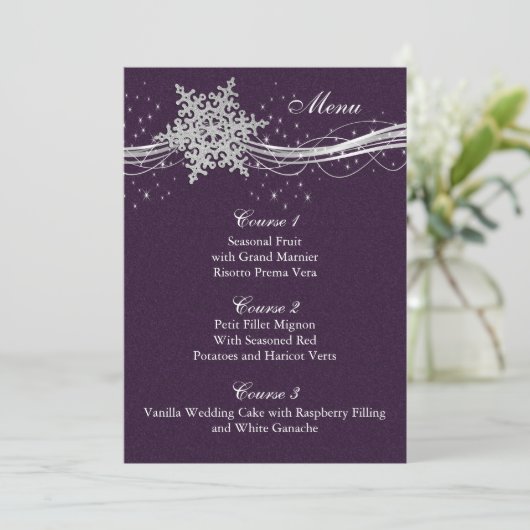 paarse Silver Snowflakes Wintertrouwmenkaarten Menu (Staand voorkant)