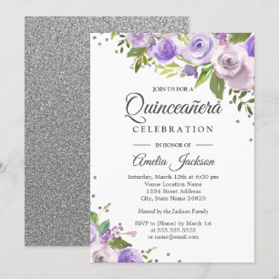 Paarse Silver Sparkle Floral Quinceanera Invite Kaart