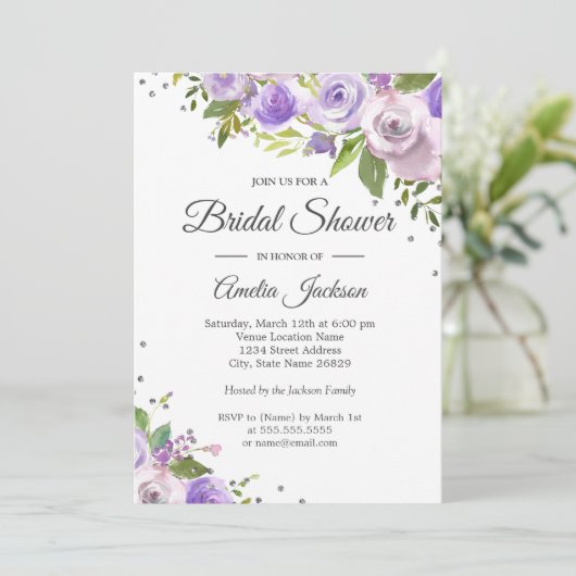 Paarse Silver Sparkle Floral Vrijgezellenfeest Uit Kaart (Staand voorkant)