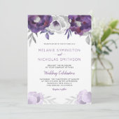 Paarse Silver Waterverf Floral bruiloft uitnodigin Kaart (Staand voorkant)