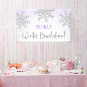 Paarse Silver Winter ONEderland 1e verjaardag Spandoek
