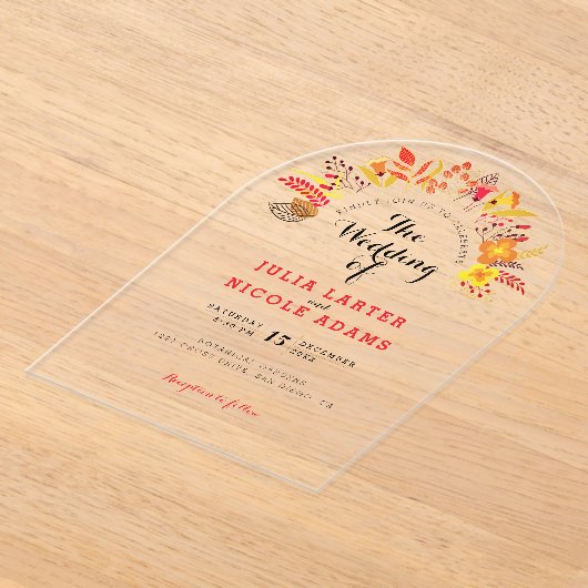 Paarse Sinaasappel Boho Wildflower Bladgroen Bruil Acryl Uitnodigingen (Laagn)