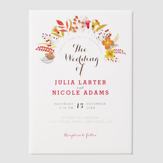 Paarse Sinaasappel Boho Wildflower Bladgroen Bruil Vellum Uitnodigingen (Voorkant)