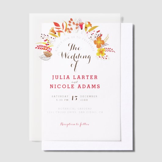 Paarse Sinaasappel Boho Wildflower Bladgroen Bruil Vellum Uitnodigingen (Offset)