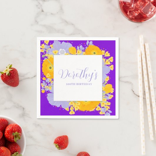 Paarse Sinaasappel Gele Wildbloemen 100e Verjaarda Servet (Insitu)