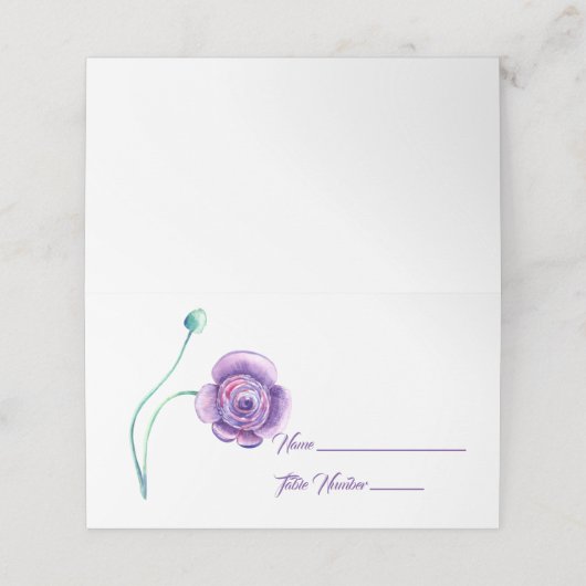 Paarse Single Anemone Name Place Card (Buitenkant ongevouwen)