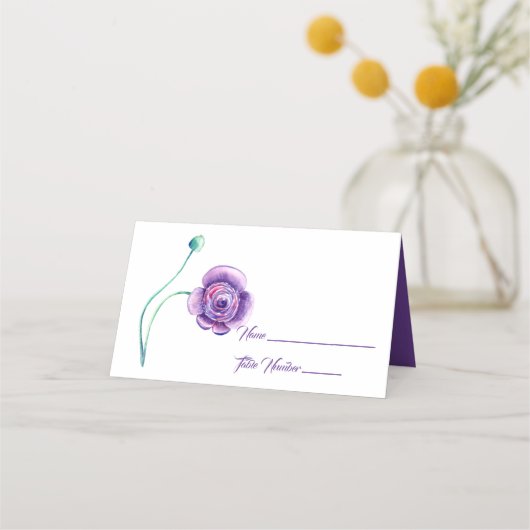 Paarse Single Anemone Name Place Card (Voorkant)