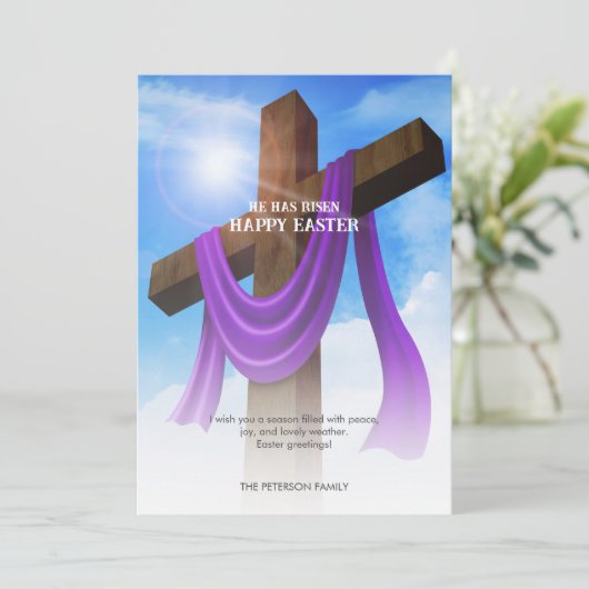 Paarse sjerp op kruis | Cloudscape | Hij is opgest Feestdagenkaart (Staand voorkant)