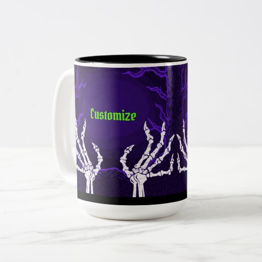 Paarse Skelethanden Tweekleurige Koffiemok (Voorkant links)