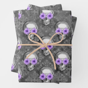 Paarse Skulls en zonnebloemserie Design 3 Inpakpapier Vel