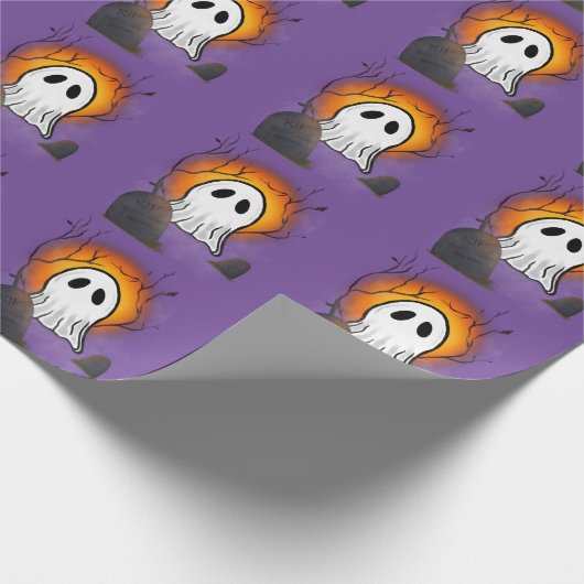 Paarse Sky Sinaasappel Moon Ghost op het kerkhof Cadeaupapier (Hoek)