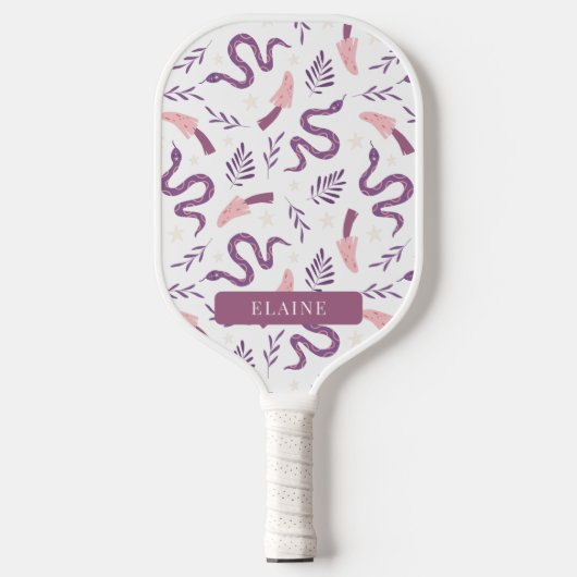 Paarse Slang & Paddestoel Patroon Wit Pickleball Paddle (Voorkant)