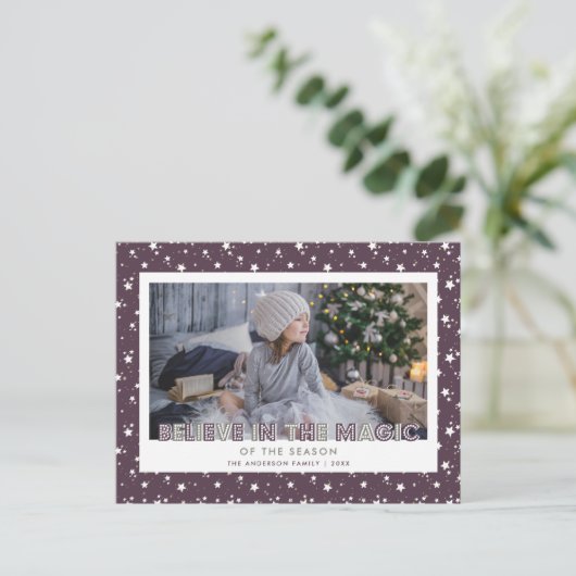 Paarse sneeuwbanden Geloof foto Feestdagenkaart (Staand voorkant)
