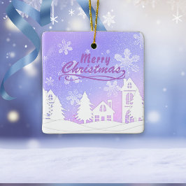 Paarse Sneeuwhuis Vrolijk Kerstfeest Gelukkig Nieu Keramisch Ornament