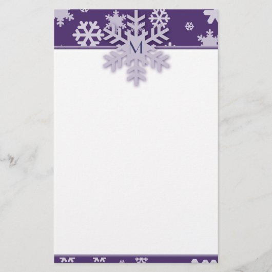Paarse Snowflake Border met Monogrammflake Briefpapier (Voorkant)