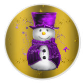 Paarse Snowman met Gold Kerstmis Keramische Knop (Voorkant)