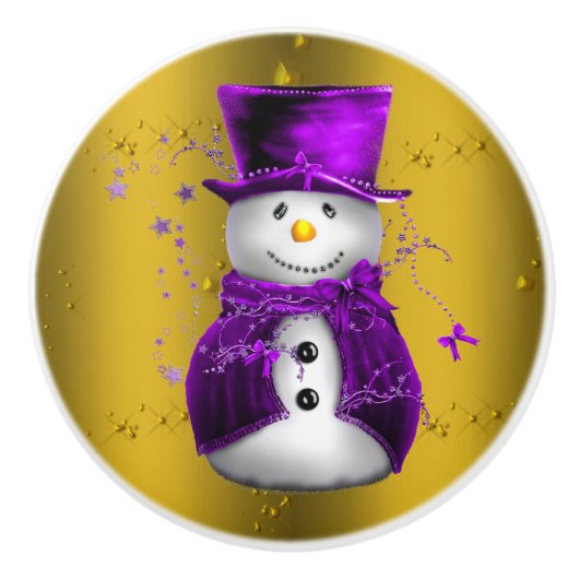 Paarse Snowman met Gold Kerstmis Keramische Knop (Voorkant)