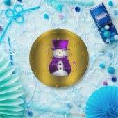 Paarse Snowman met Gold Kerstmis Papieren Bordje (Feest)