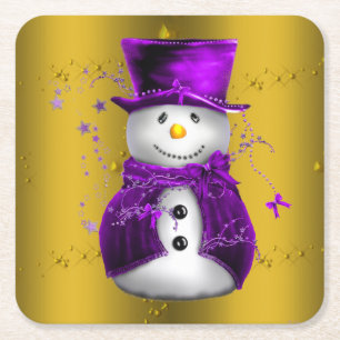 Paarse Snowman met Gold Kerstmis Vierkante Kartonnen Onderzetter