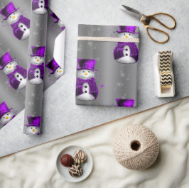 Paarse Snowmen met donkere zilveren kerst Cadeaupapier