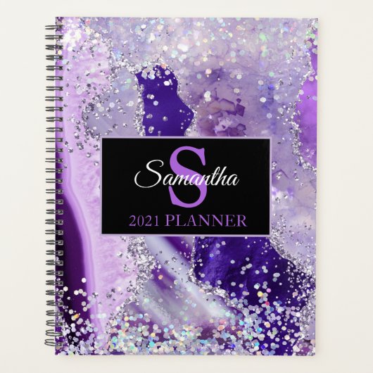 Paarse Sparkle Agaat Monogram Modern Luxury Planner (Voorkant)