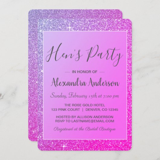 Paarse Sparkle Glitter Hen's Party Kaart (Voorkant / Achterkant)