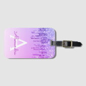 Paarse Sparkle Glitter Monogram Naam Bagagelabel (Voorkant (horizontaal))