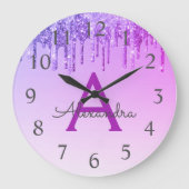 Paarse sparkle Glitter Monogram Naam en Initiaal Grote Klok (Voorkant)