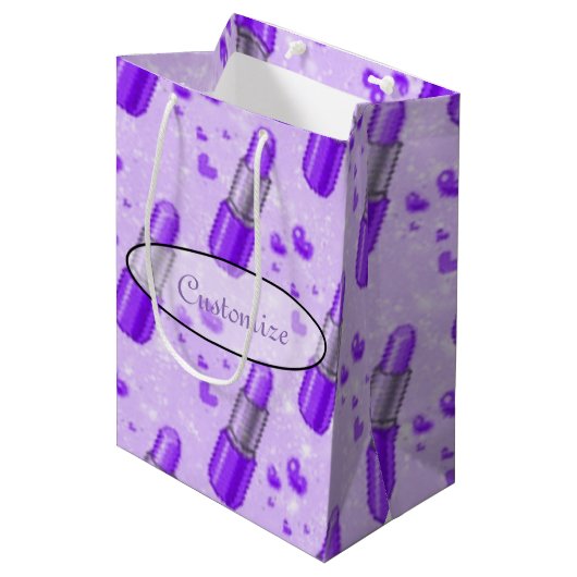 Paarse Sparkle Lipstick Lover Gift Bag Medium Cadeauzakje (Voorkant Gekanteld)