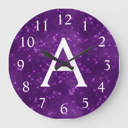 Paarse Sparkle Shimmer Monogram Naam en Initiaal Grote Klok (Voorkant)