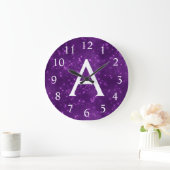 Paarse Sparkle Shimmer Monogram Naam en Initiaal Grote Klok (Huis)