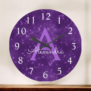 Paarse Sparkle Shimmer Monogram Naam en Initiaal Grote Klok