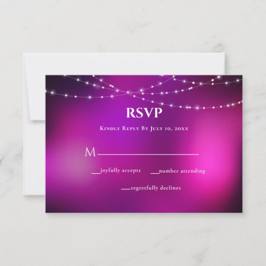Paarse Sparkle Silver String Lights Wedding RSVP Kaartje (Voorkant)