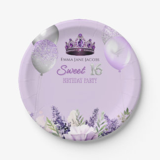 Paarse Sparkle Sweet 16 verjaardagsfeestje Papieren Bordje
