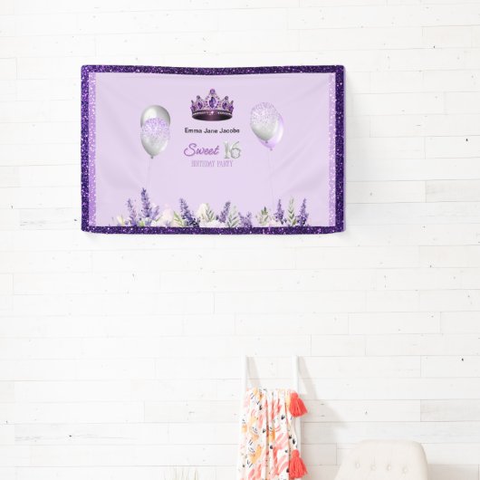Paarse Sparkle Sweet 16 verjaardagsfeestje Spandoek (Insitu)