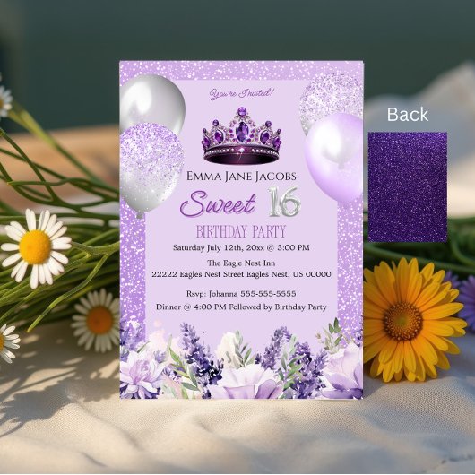 Paarse Sparkle Sweet 16 verjaardagsfeestuitnodigin Kaart