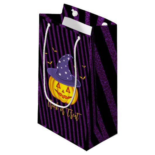 Paarse Sparkles & Black Stripes Halloween Pumpkin Klein Cadeauzakje (Voorkant Gekanteld)