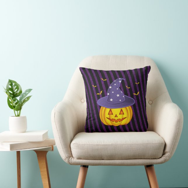 Paarse Sparkles & Black Stripes Halloween Pumpkin Kussen (Stoel)