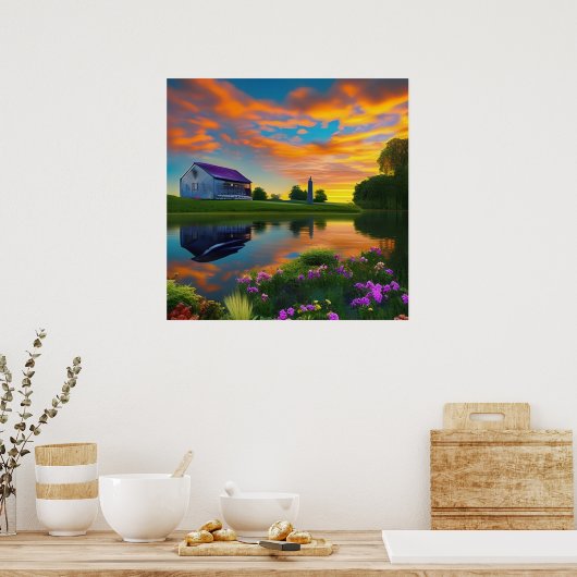 Paarse springplank Pond bij Sunrise Poster (Keuken)