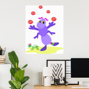 Paarse sprinkhaan jonglerend leuk schepsel poster