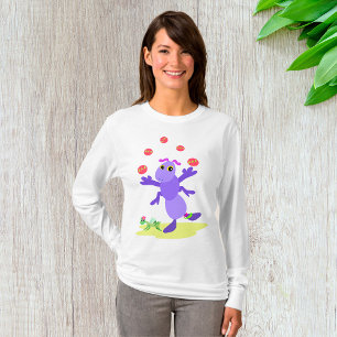 Paarse sprinkhaan jonglerend leuk schepsel t-shirt