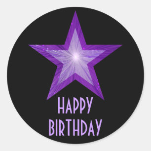 Paarse Star 'Happy Birthday' ronde sticker zwart