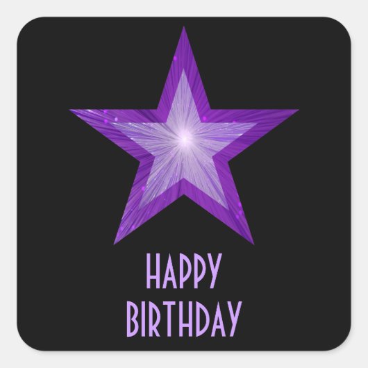 Paarse Star 'Happy Birthday' vierkant sticker zwar (Voorkant)